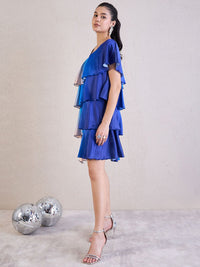Antheaa Women Tie and Dye Dyed One Shoulder Layered Satin Above Knee A-Line Dress