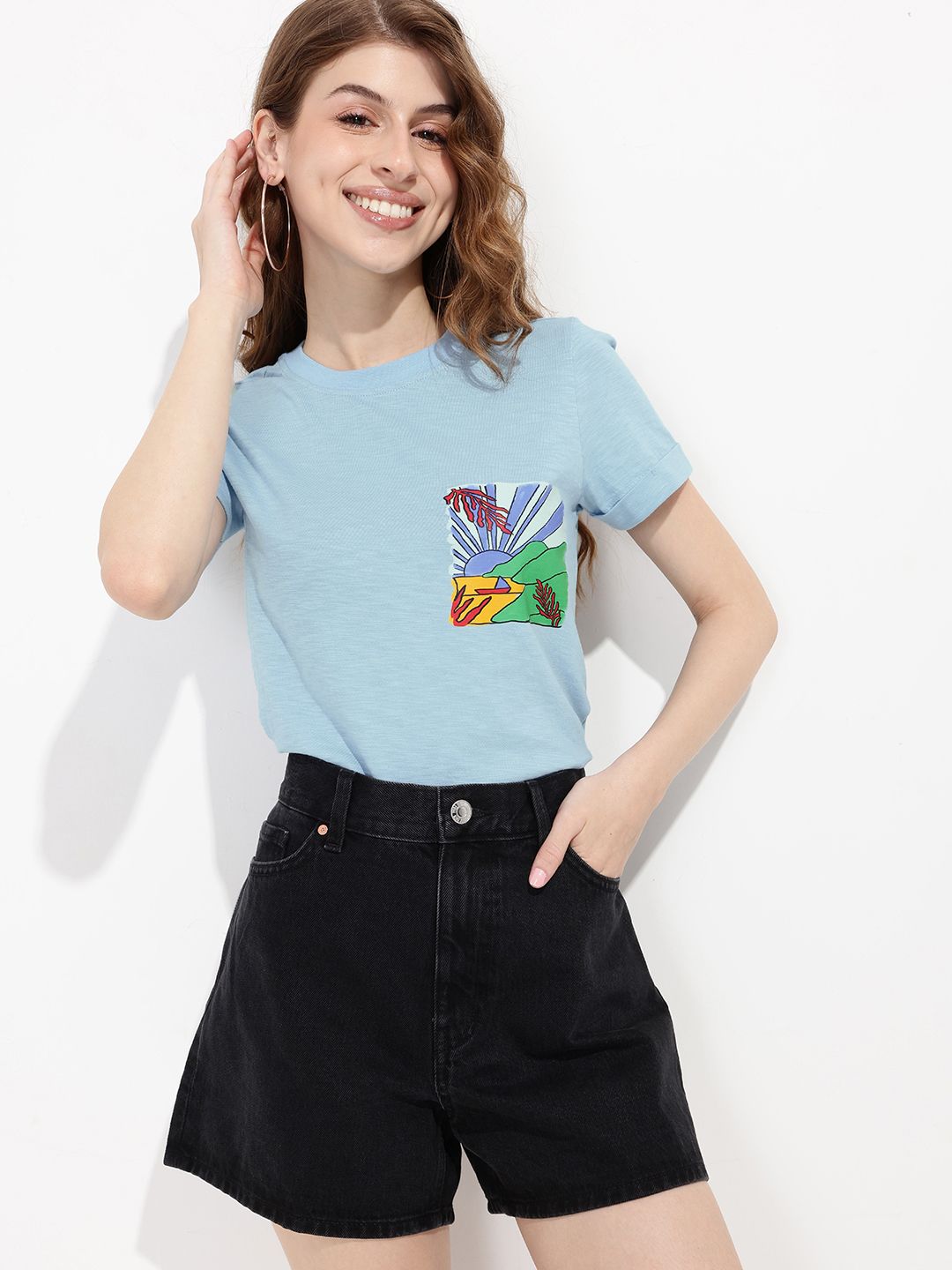 DressBerry Icy Blue Nature Inspired Printed T-shirt