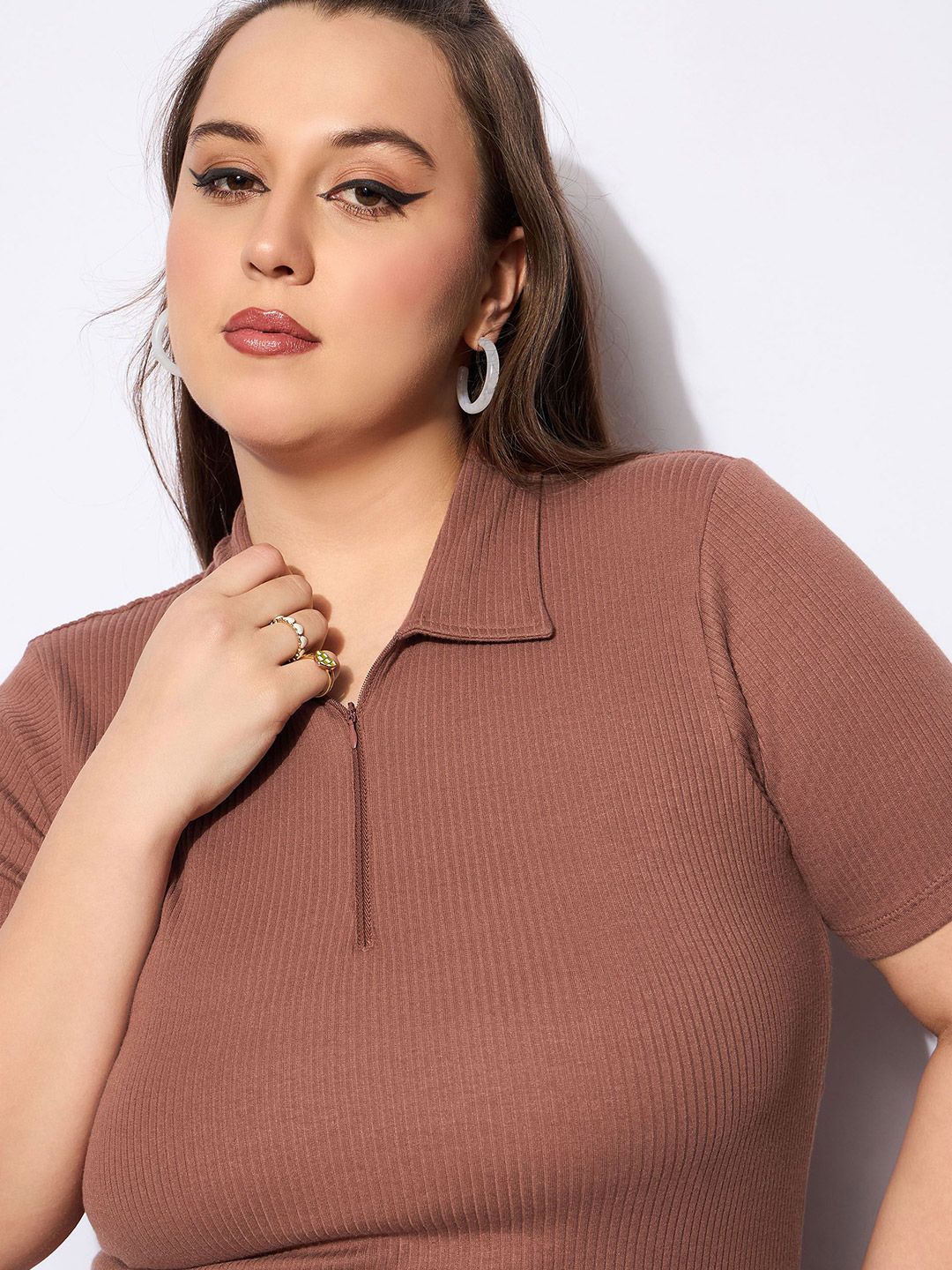 Sassafras Curve Women Ribbed Ribbed Shirt Collar Top