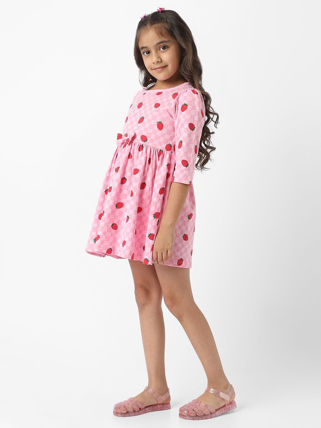 Nauti Nati Girls Pink Jersey Cotton Strawberry Print Dress
