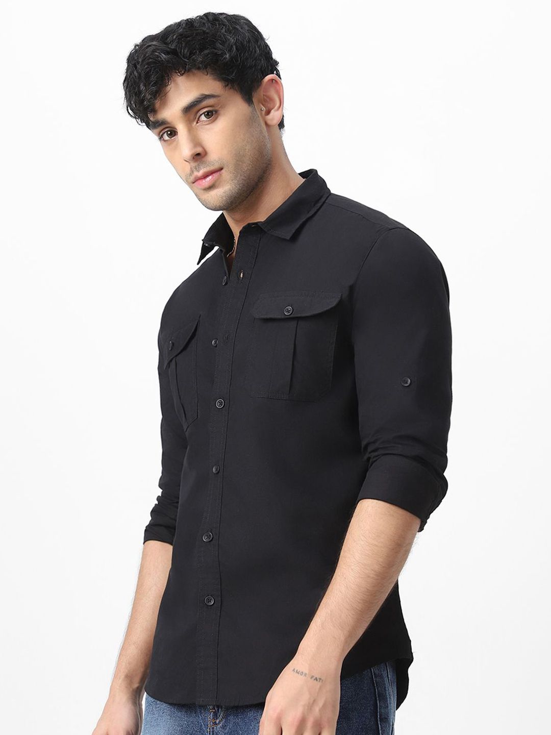 Urbano Fashion Men Spread Collar Solid Cotton Casual Shirt