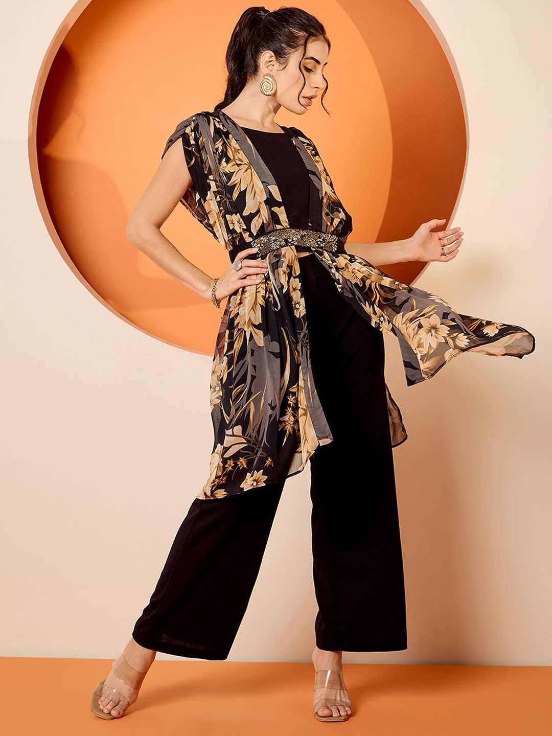 Antheaa Black Floral Embellished Round Neck Top With Trousers