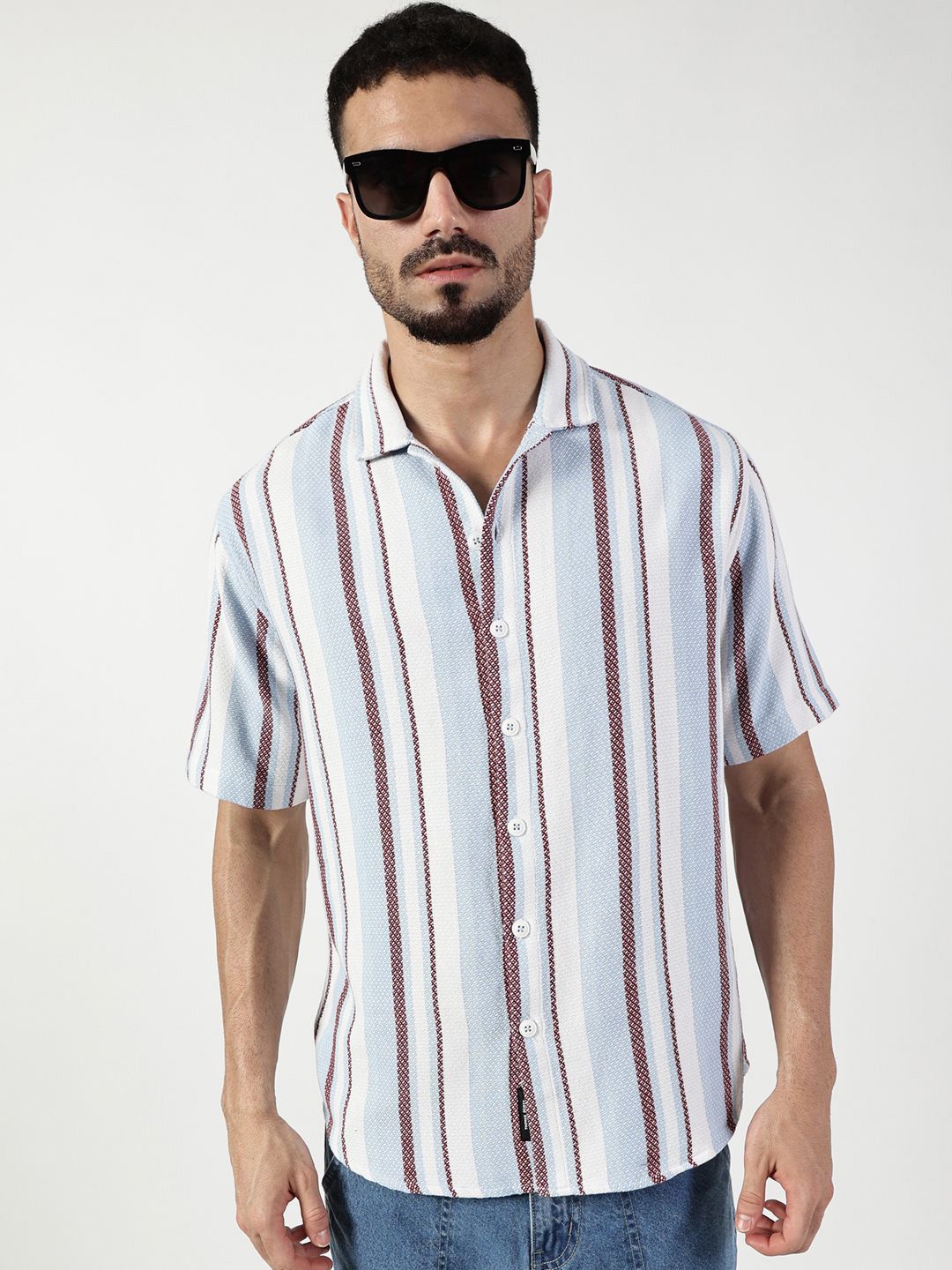 Thomas Scott Men Premium Spread Collar Vertical Striped Cotton Slim Fit Casual Shirt