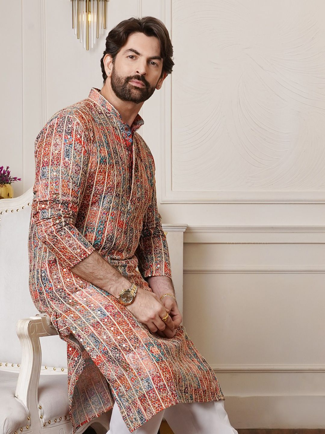 SOJANYA Floral Embroidered Zari Mandarin Collar Cotton Silk Straight Kurta
