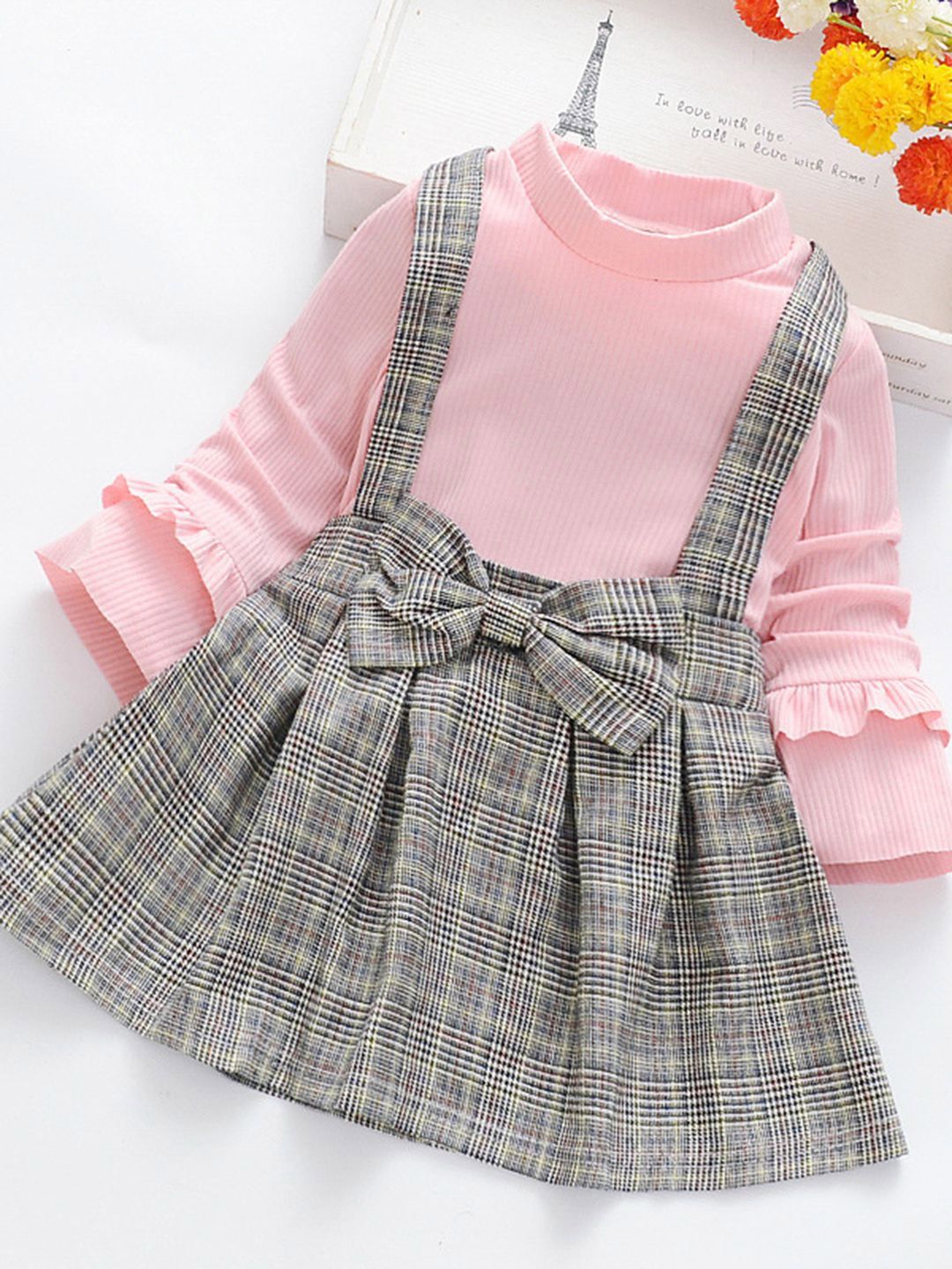 YK Girls Checked Cotton Bow Detail Pinafore Dress