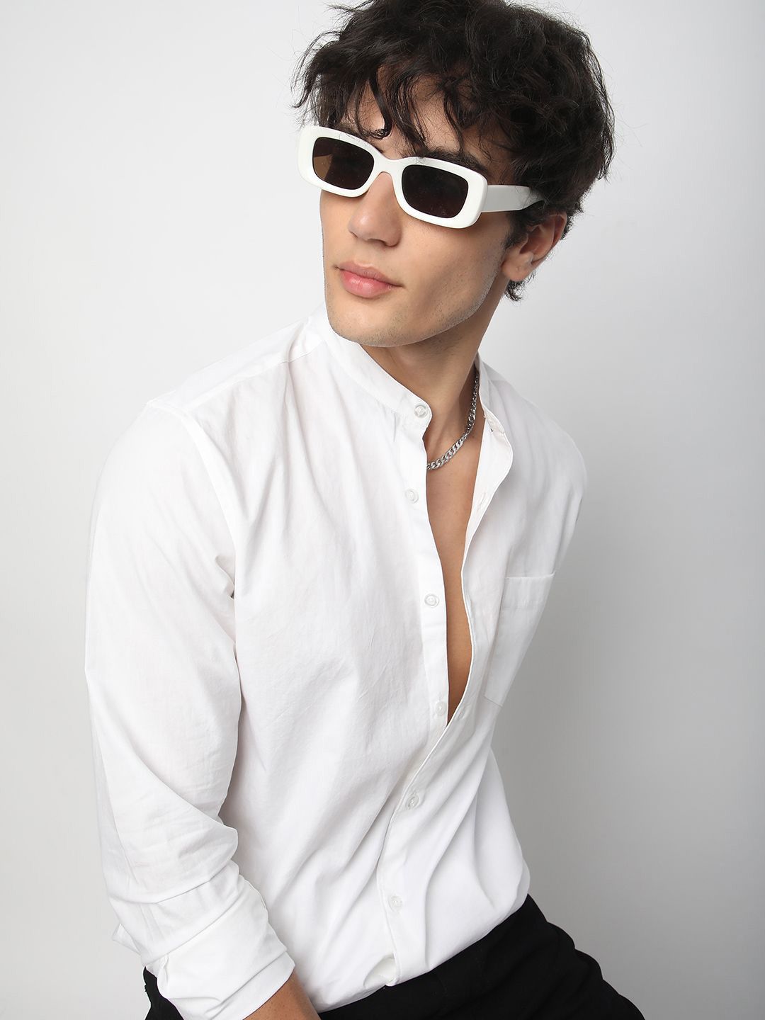 VASTRADO Men Classic Band Collar Solid Cotton Slim Fit Casual Shirt