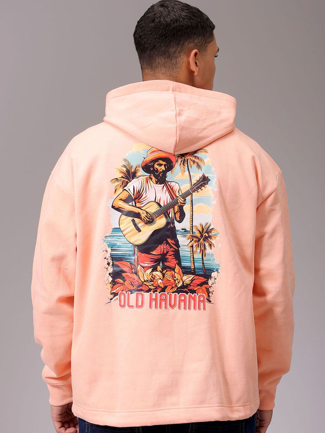 The Indian Garage Co Men Peach Printed Long Sleeves Pullover Hooded Neck Sweatshirt