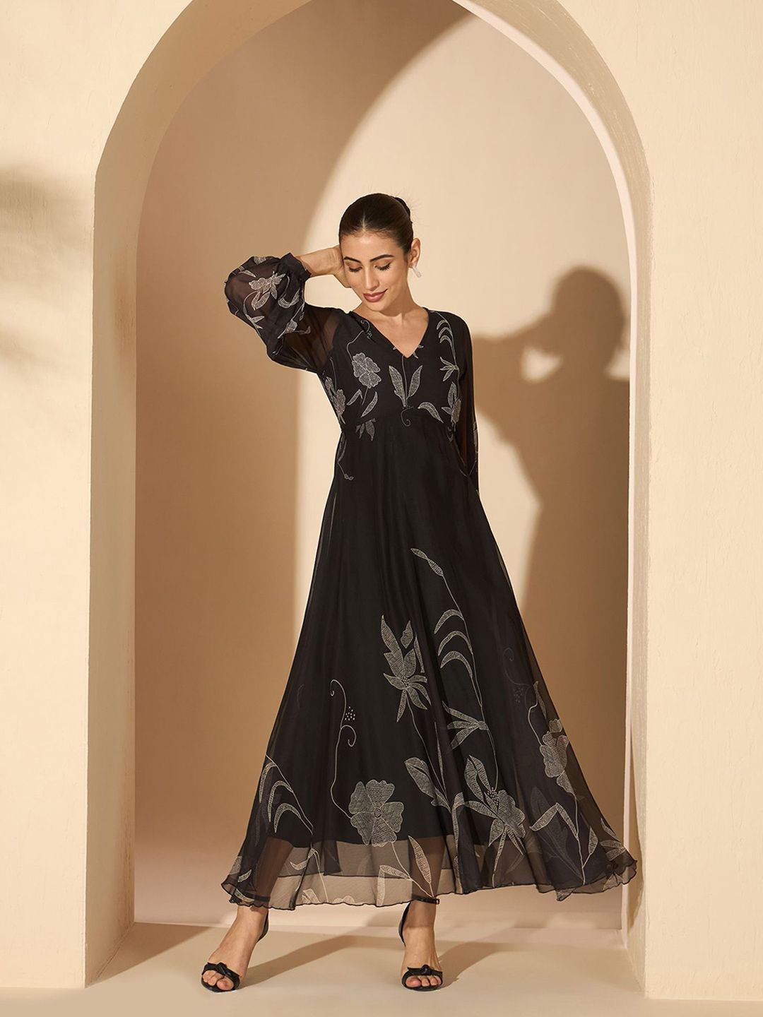 Antheaa Floral Chiffon Fit and Flare Maxi Dress