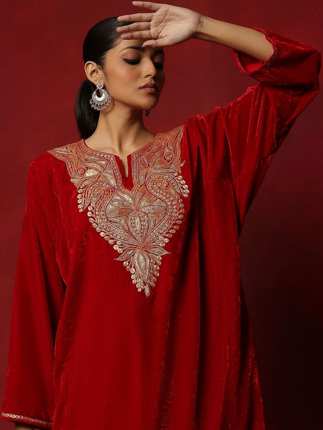 House of Chikankari Women Red Velvet Tilla Embroidered Kurta Set