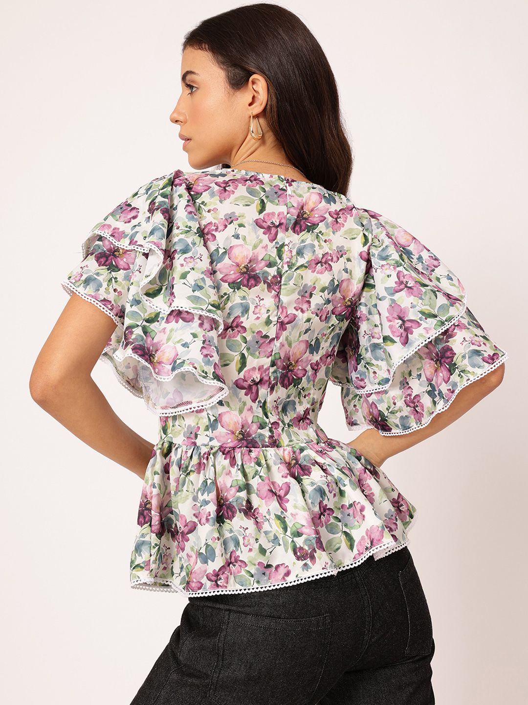 DressBerry Flutter Florals Printed Satin Finish Peplum Top