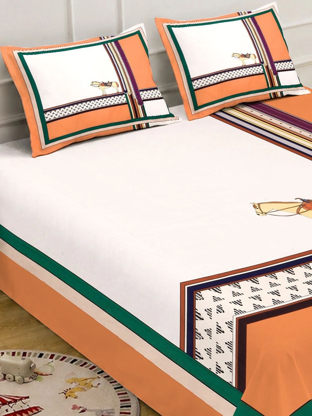 KLOTTHE Orange & Green Geometric 400 TC King Bedsheet with 2 Pillow Covers