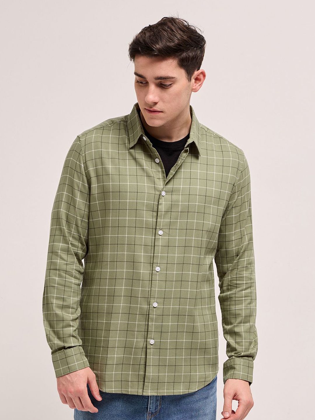 THE BEAR HOUSE Men Spread Collar Windowpane Checked Cotton Slim Fit Casual Shirt