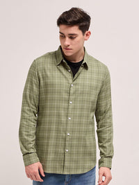 THE BEAR HOUSE Men Spread Collar Windowpane Checked Cotton Slim Fit Casual Shirt