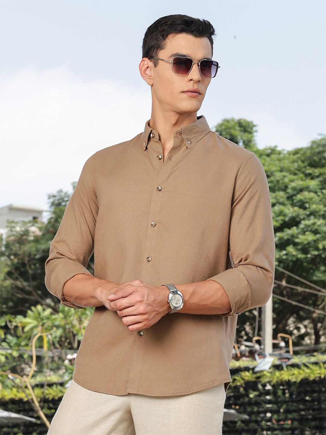 Thomas Scott Men Premium Slim Fit Solid Button-Down Collar Casual Shirt