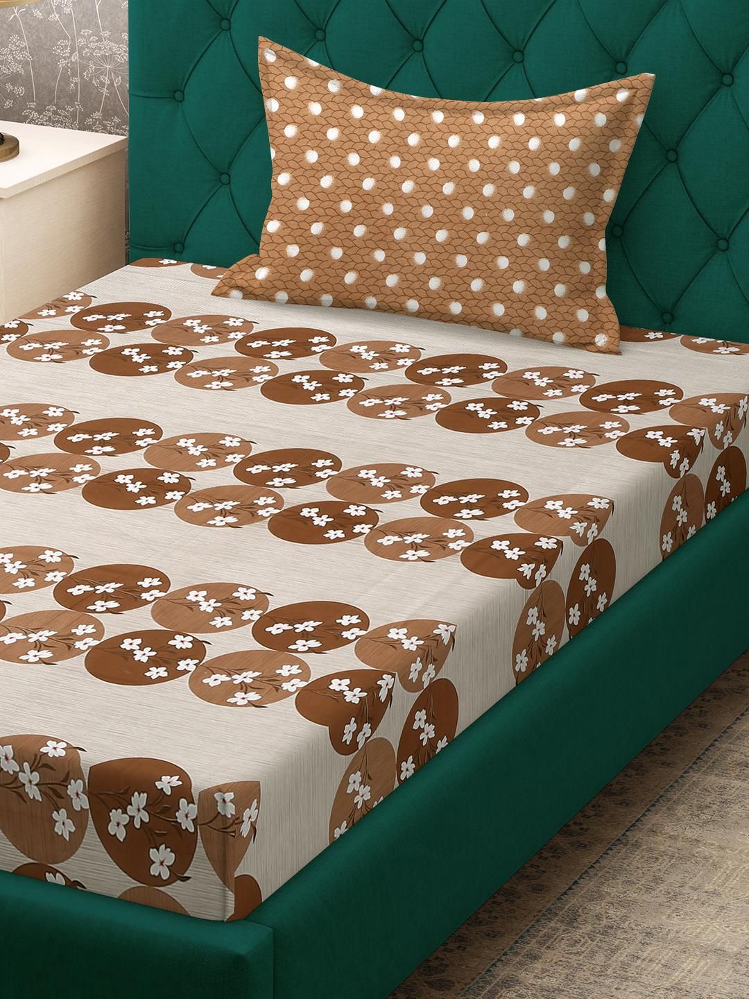 KLOTTHE Brown Floral Cotton Single Bedsheets