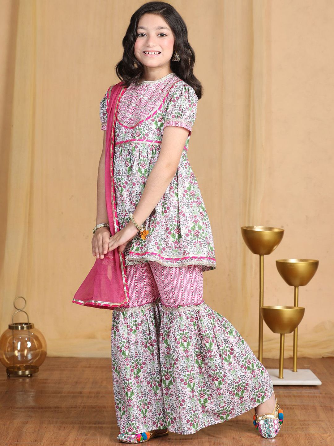 Cutiekins Girls Floral Printed Empire Gotta Patti Kurta with Sharara & With Dupatta
