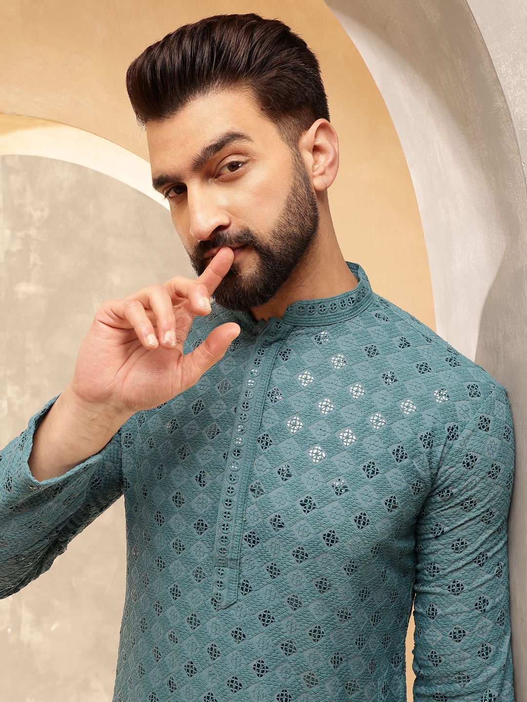 Anouk Teal Geometric Embroidered Sequinned Straight Pure Cotton Kurta With Pyjamas