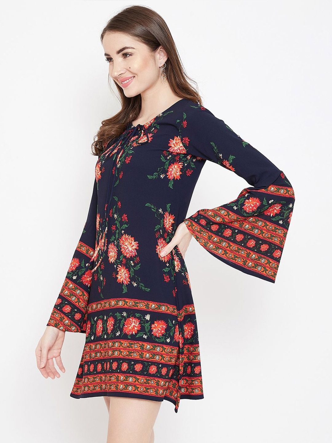 Berrylush Floral Print Tie-Up Neck Bell Sleeve A-Line Dress