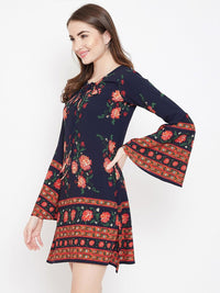 Berrylush Floral Print Tie-Up Neck Bell Sleeve A-Line Dress