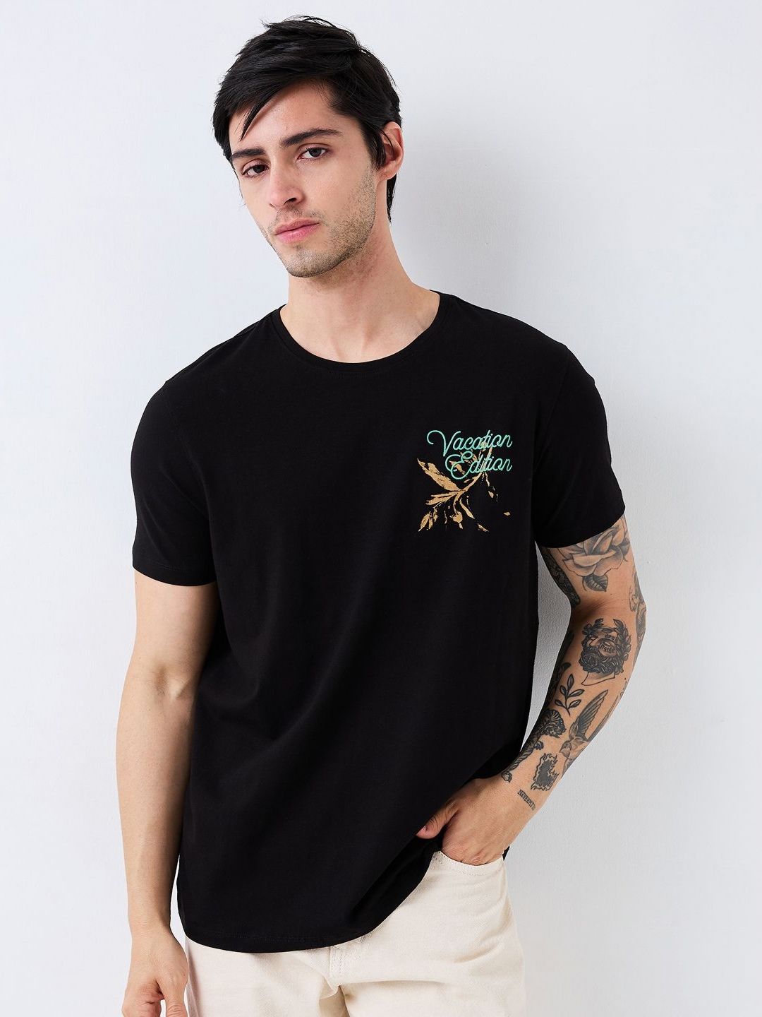 SPYKAR Men Typography Printed Round Neck Cotton Slim Fit T-shirt