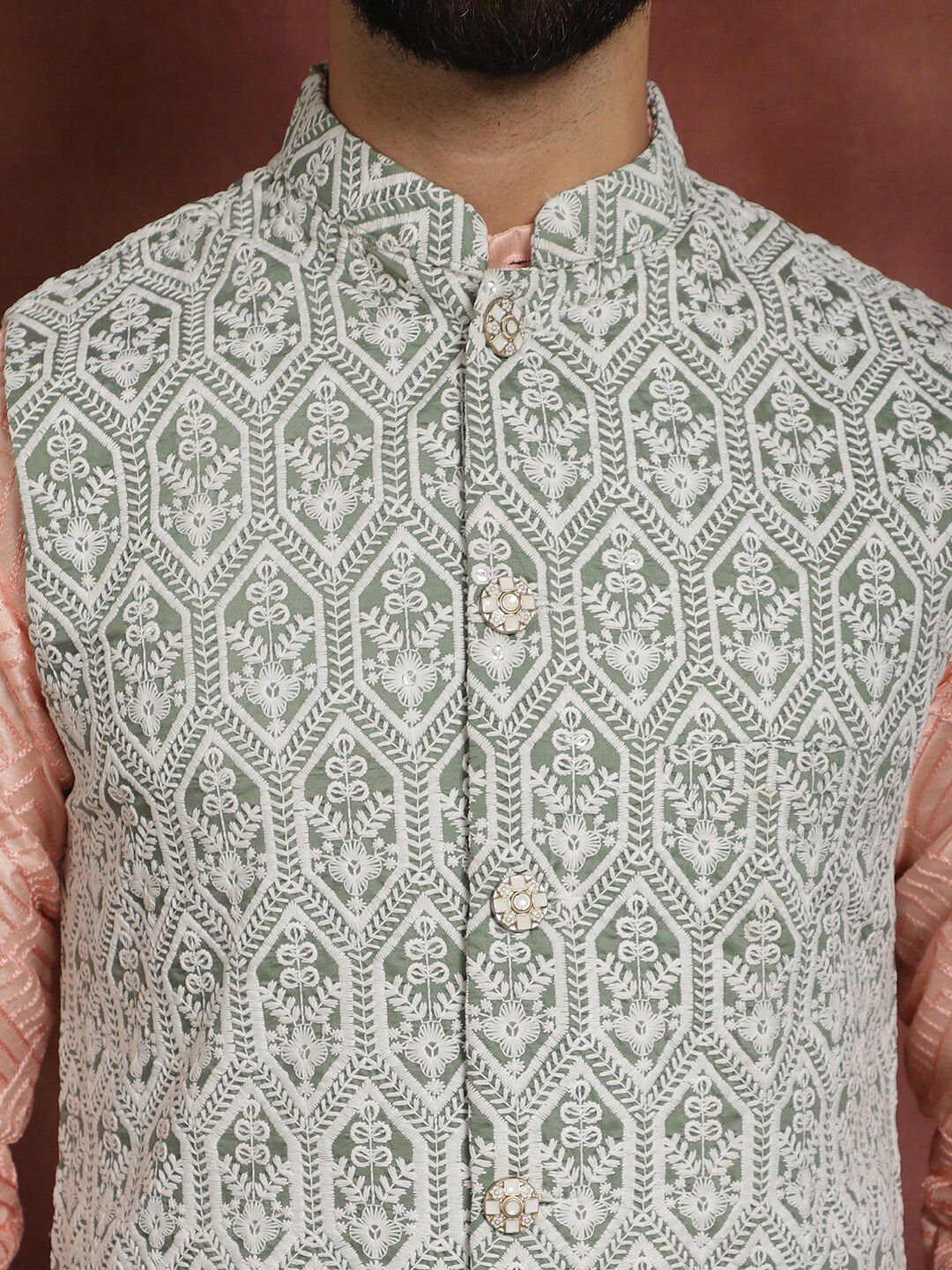 Motif Etnik Merah Jambu Anouk Bersulam Kurta Lurus Dengan Jaket Churidar & Nehru