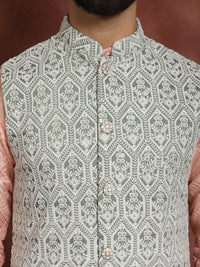 Motif Etnik Merah Jambu Anouk Bersulam Kurta Lurus Dengan Jaket Churidar & Nehru