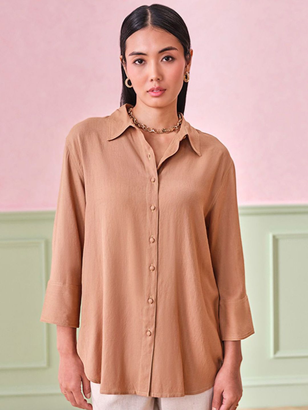 AND Women Solid Shirt Collar Top