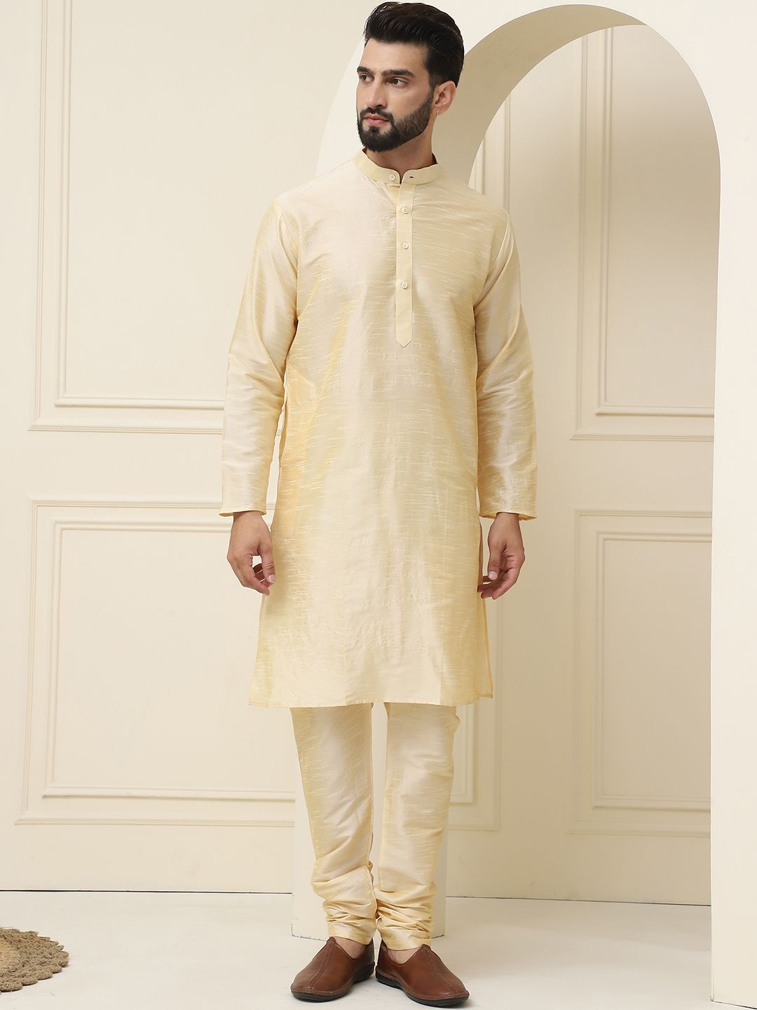 SOJANYA Mandarin Collar Silk Cotton Kurta With Churidar & Woven Design Nehru Jacket