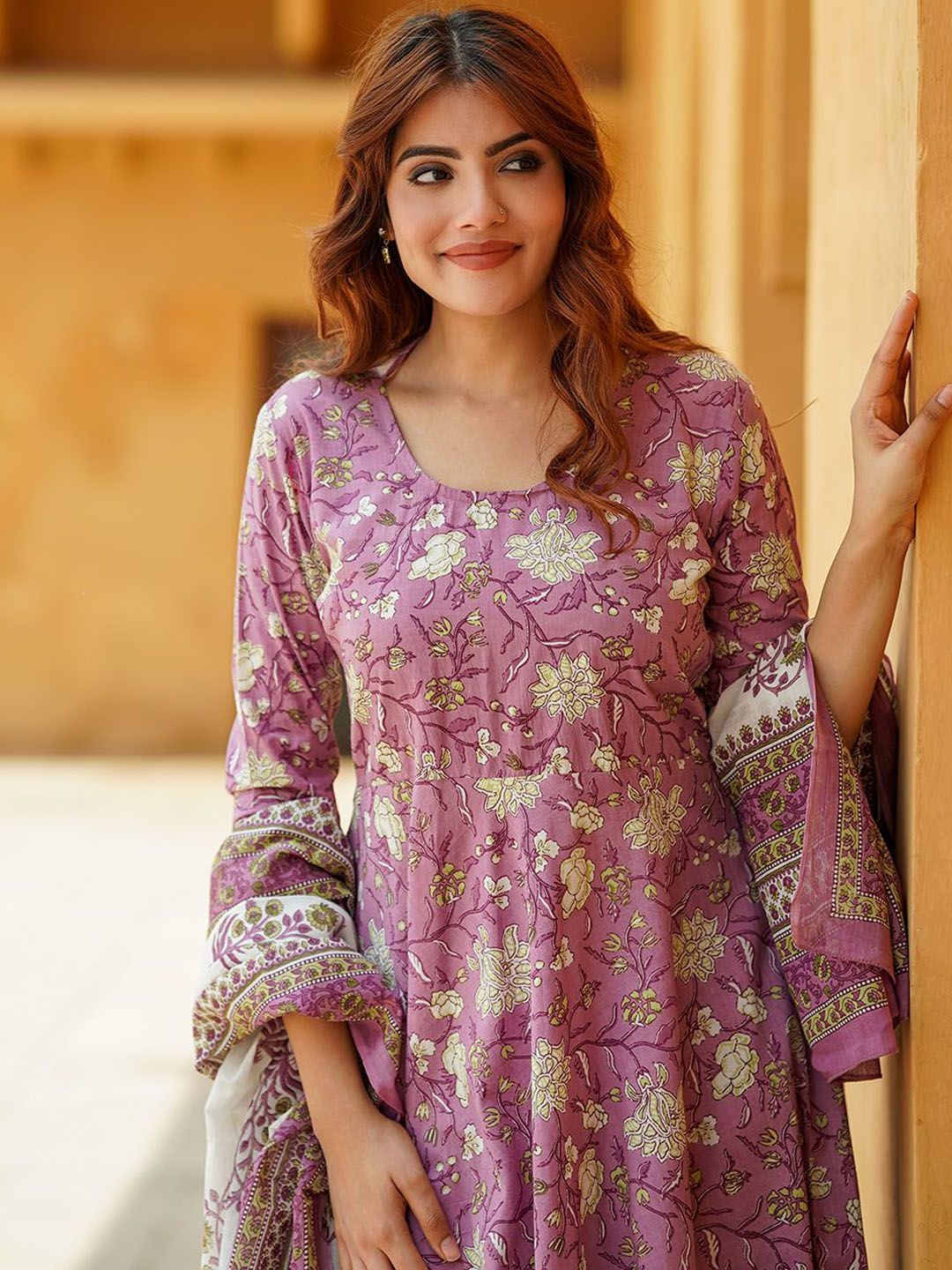 KALINI Floral Printed Regular Pure Cotton Anarkali Kurta with Trousers & Dupatta