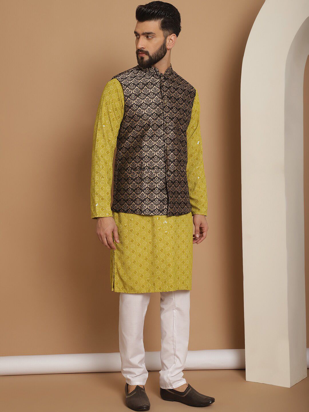 Anouk Green Ethnic Motifs Woven Design Straight Kurta With Churidar & Nehru Jacket
