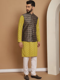 Anouk Green Ethnic Motifs Woven Design Straight Kurta With Churidar & Nehru Jacket