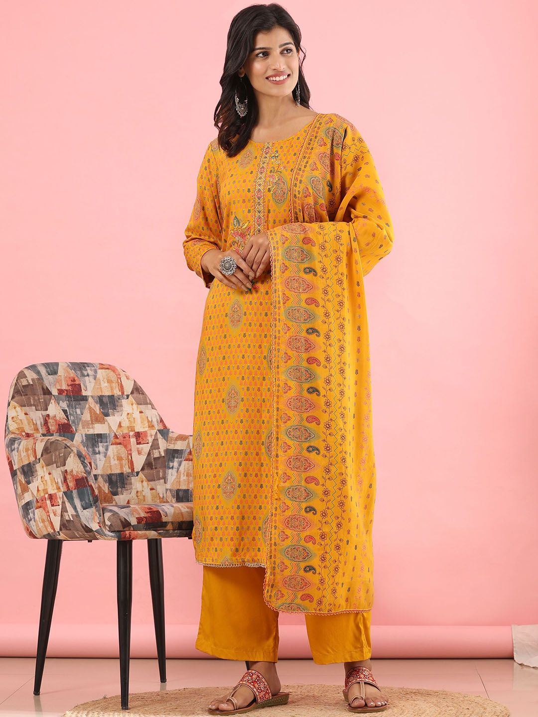 Mamicha Women Ethnic Motifs Embroidered Regular Thread Work Pure Cotton Kurta with Palazzos & With Dupatta