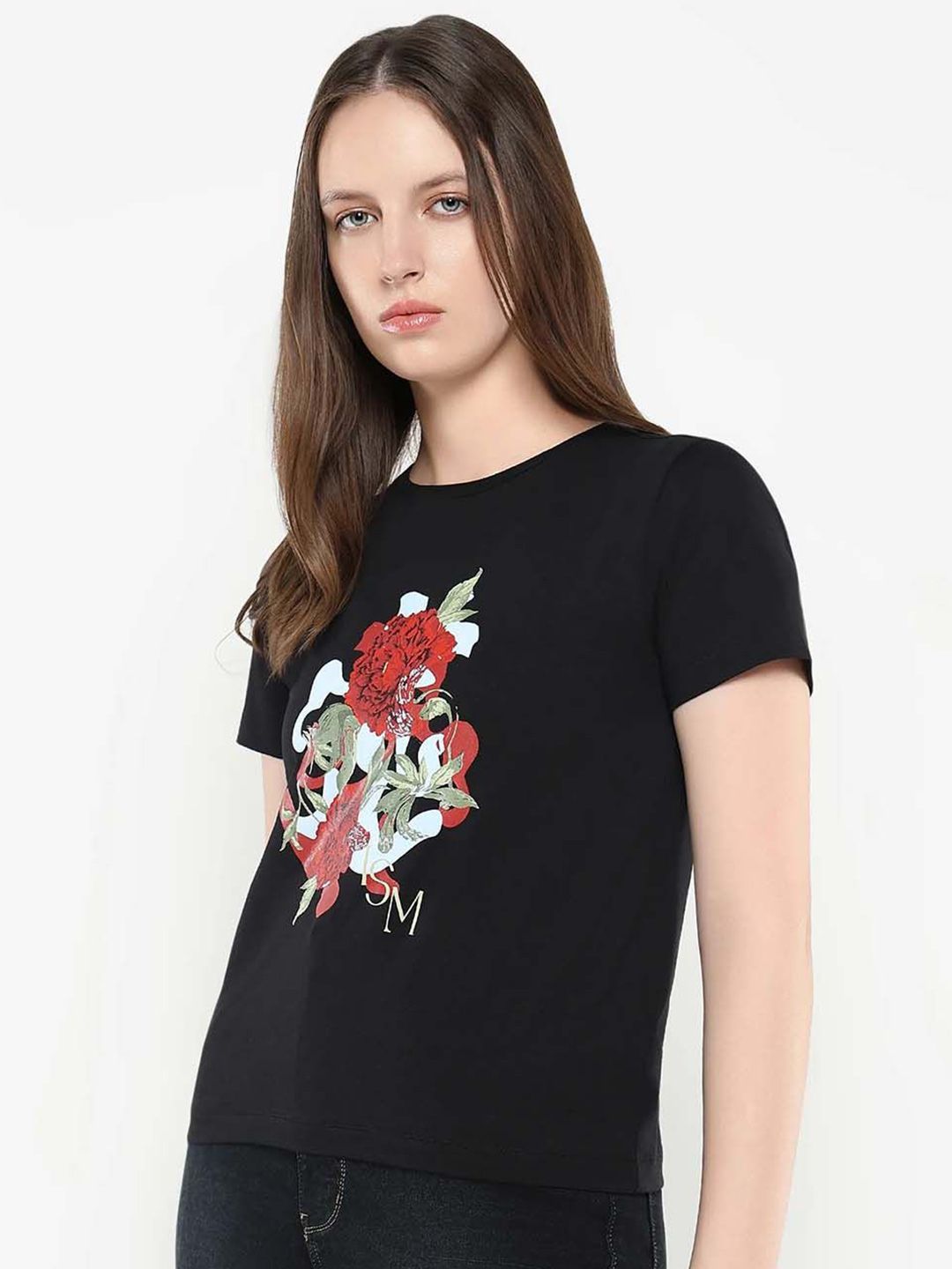 Rareism Wanita Grafik T-Shirt Leher Pusingan Dicetak