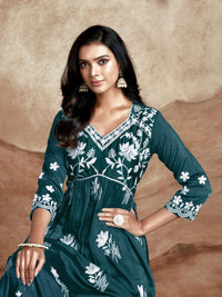 KALINI Floral Embroidered V-Neck Thread Work Silk High Slit Kurta