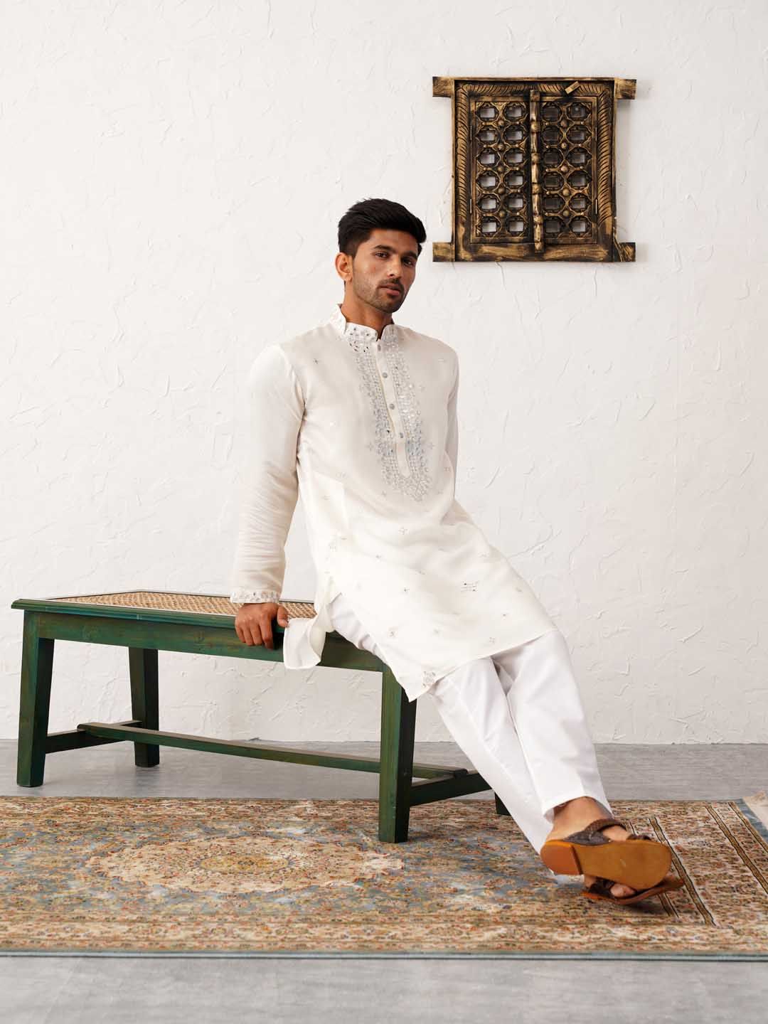 Jompers Embroidered Mandarin Collar Mirror Work Straight Kurta with Pyjamas