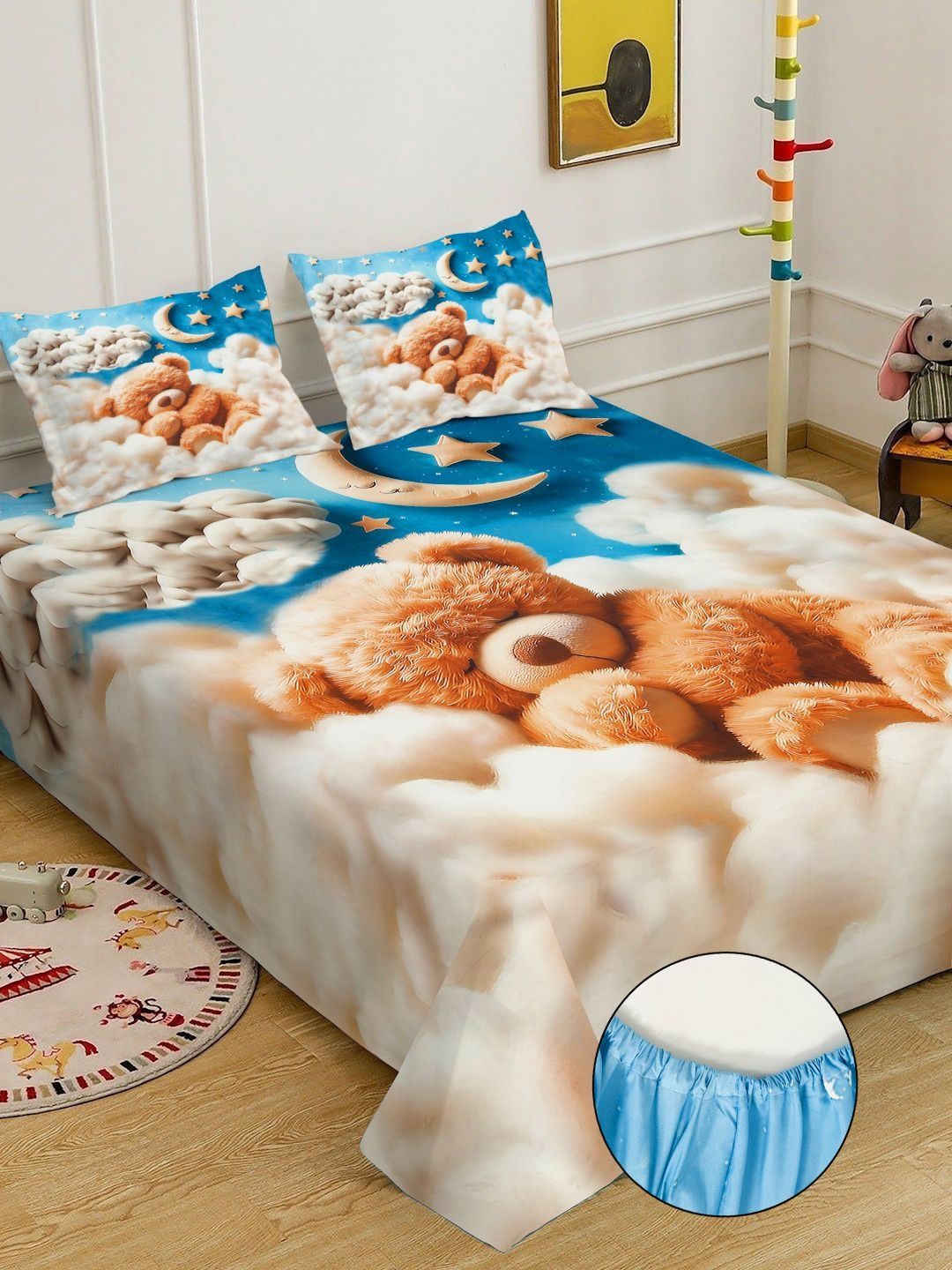 Cetakan Kartun Biru & Coklat Dilengkapi Cadar Katil King 7D 400 TC Double Dengan 2 Sarung Bantal