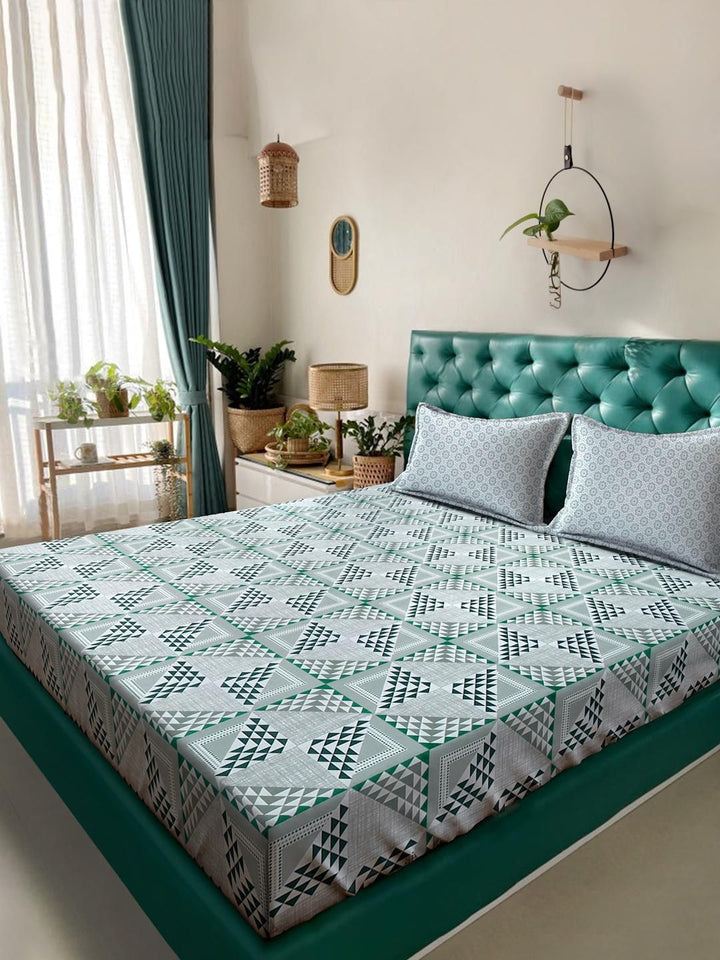 KLOTTHE Hijau & Kelabu Kapas Bercetak Geometrik 400 TC Set Cadar King 2.5 m x 2.25 m