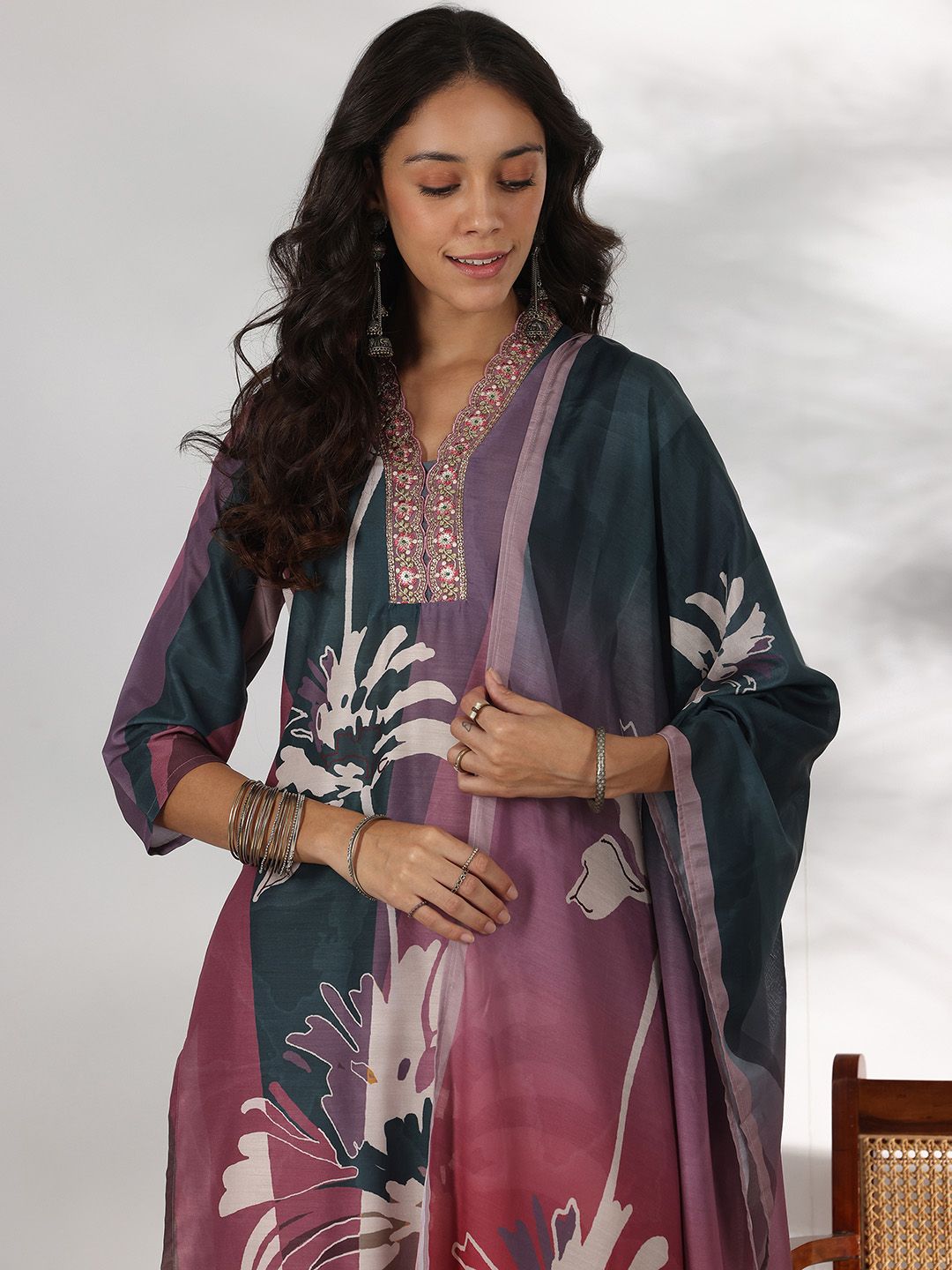 Libas Floral Printed Thread Work Straight Kurta with Trousers & Dupatta