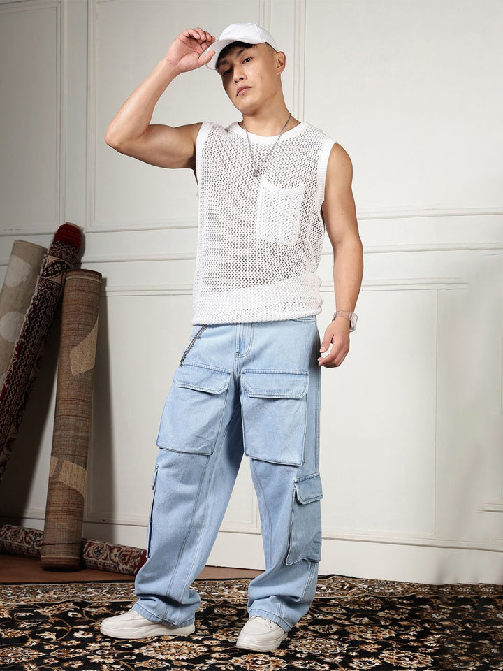 Eszett Men Blue Comfort High-Rise Longgar Cotton Cargos Seluar