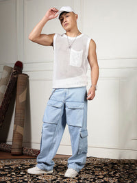 Eszett Men Blue Comfort High-Rise Longgar Cotton Cargos Seluar