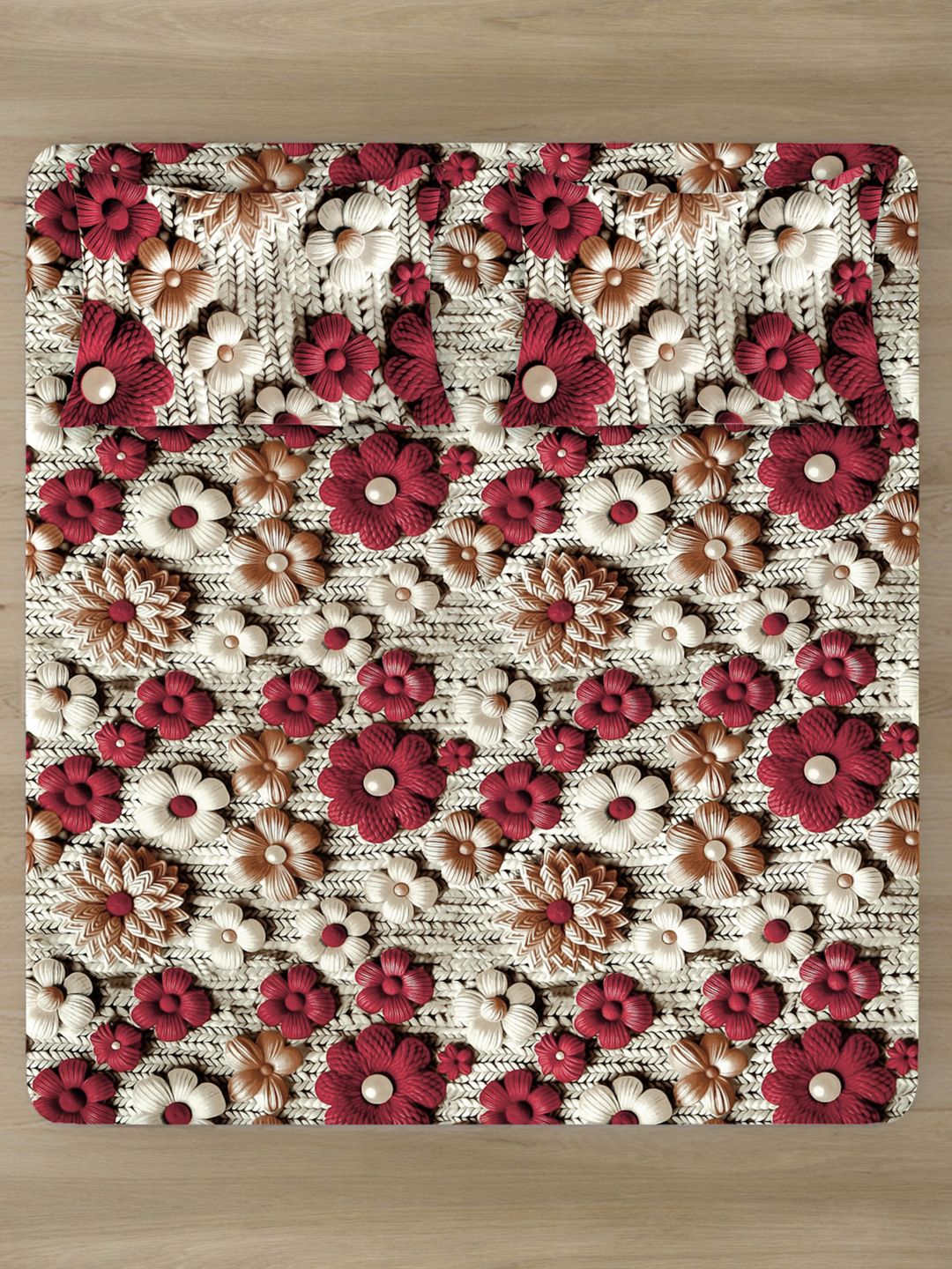 KLOTTHE Beige Floral Printed 300TC King 7D Bedsheet With 2 Pillow Covers-2.50mx2.25m
