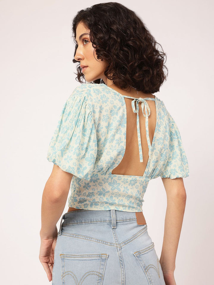 DressBerry Blooming Ahead Puff Sleeves Smocked Printed Crop Top