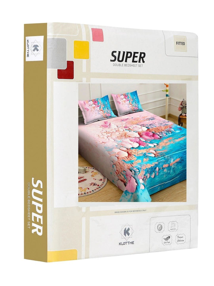 KLOTTHE Blue & Pink Floral Printed Fitted 400 TC King 7D Bedsheet with 2 Pillow Covers