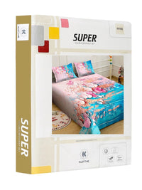 KLOTTHE Blue & Pink Floral Printed Fitted 400 TC King 7D Bedsheet with 2 Pillow Covers
