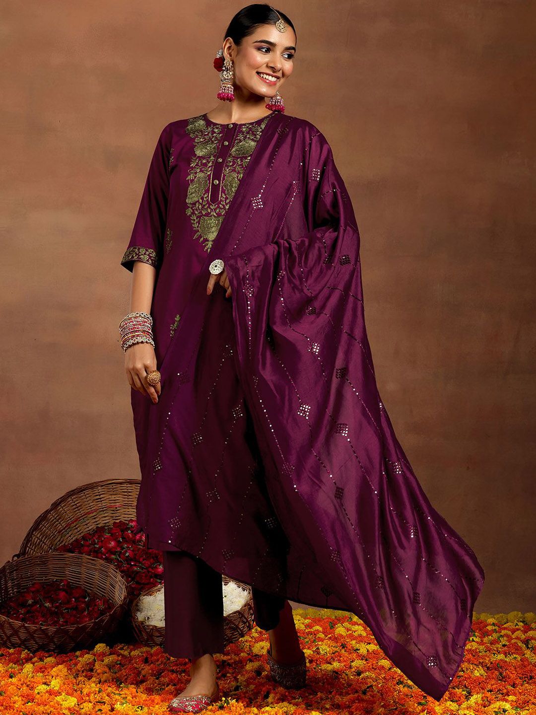 Gerua By Libas Floral Embroidered Thread Work Straight Kurta With Trousers & Dupatta