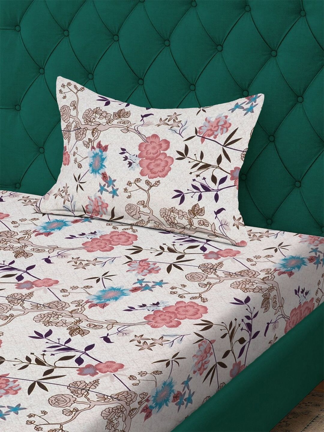 Myntra Elegant Homes Multicoloured Floral 300 TC Single Bedsheet with 1 Pillow Covers
