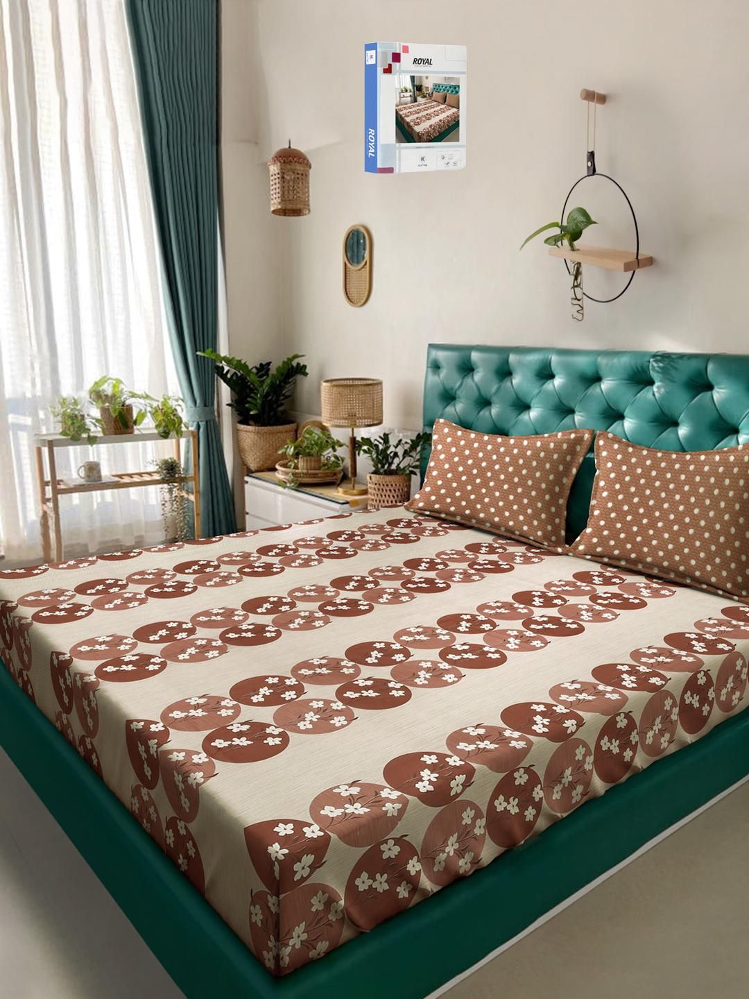 KLOTTHE Set Cadar Bercetak Bunga Coklat 400 TC Cadar King 2.5 m x 2.25 m