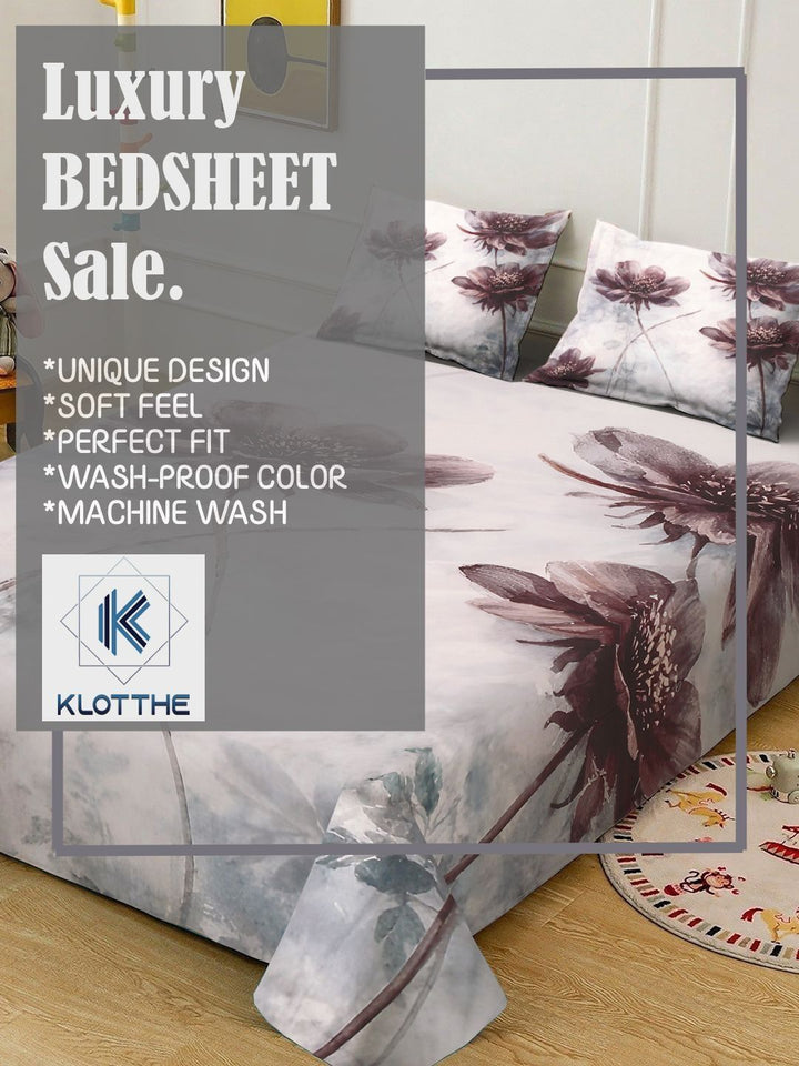 KLOTTHE Grey Floral Printed Dilengkapi 300 TC King Bedsheet Dengan 2 Sarung Bantal