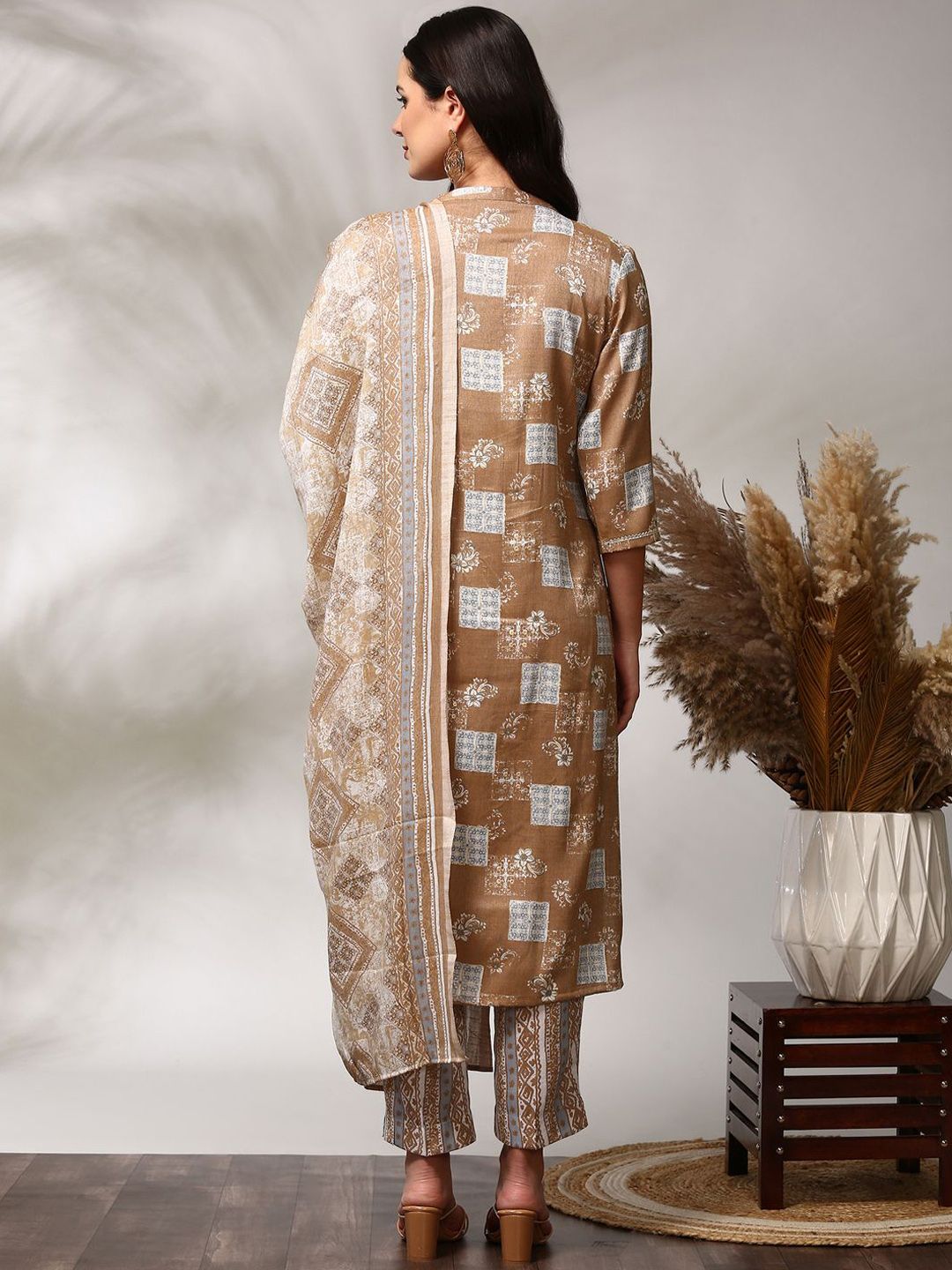 Anouk Floral Printed Regular Straight Kurta with Trousers & Dupatta