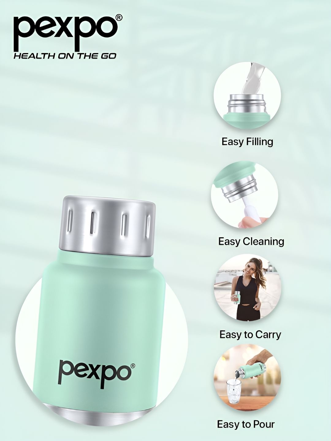Pexpo Cameo Sea Green Printed Double Wall Thermosteel Hot & Cold Flask Water Bottle 160ml